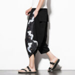 Buddha Stones White Crane Print Cotton Men's Cropped Harem Pants With Pockets Men's Harem Pants BS 4