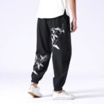Buddha Stones White Crane Embroidery Design Drawstring Men's Harem Pants With Pockets Men's Harem Pants BS Black 3XL(Fit for US/UK/AU42; EU52)