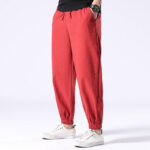 Buddha Stones White Crane Embroidery Design Drawstring Men's Harem Pants With Pockets Men's Harem Pants BS 14