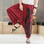 Buddha Stones Simple Summer Calligraphy Cotton Men's Harem Pants With Pockets Men's Harem Pants BS Crimson 5XL(Fit for US/UK/AU46; EU56)