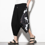 Buddha Stones White Crane Print Cotton Men's Cropped Harem Pants With Pockets Men's Harem Pants BS 1