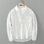 Buddha Stones Solid Color Loose Long Sleeve Half Button Shirt Linen Men Clothing - White - US/UK/AU42，EU52 (3XL) - image 1