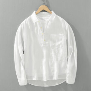 Buddha Stones Solid Color Loose Long Sleeve Half Button Shirt Linen Men Clothing - White - US/UK/AU42，EU52 (3XL) - image 1