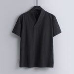 Buddha Stones Loose Men's T-Shirt Solid Color Top Short Sleeve V Collar Breathable Linen Shirt - Black - US/UK/AU54，EU64 (9XL) - image 3