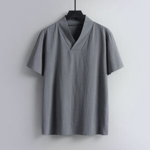 Buddha Stones Loose Men's T-Shirt Solid Color Top Short Sleeve V Collar Breathable Linen Shirt - Gray - US/UK/AU54，EU64 (9XL) - image 1