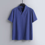 Buddha Stones Loose Men's T-Shirt Solid Color Top Short Sleeve V Collar Breathable Linen Shirt - RoyalBlue - US/UK/AU54，EU64 (9XL) - image 4