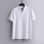 Buddha Stones Loose Men's T-Shirt Solid Color Top Short Sleeve V Collar Breathable Linen Shirt - White - US/UK/AU54，EU64 (9XL) - image 2