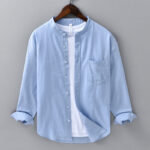 Buddha Stones Men's Long Sleeve Stand Collar With Pocket Pure Color Casual Cotton Linen Shirt - LightSkyBlue - US/UK/AU40，EU50 (3XL) - image 10