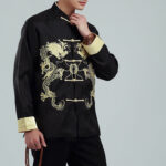 Buddha Stones Embroider Dragon Turned Sleeves Casual Frog-button Polyester Fiber Men's Jacket Shirt Pants Clothing Men's Jacket Shirt BS 12