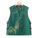 Buddha Stones Vintage Embroidery Jacquard Weave Flower Pattern Vest Waistcoat BS Green US16，UK/AU20，EU48 (5XL)
