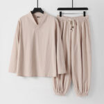 Buddha Stones Cross-Collars Cropped Bloomers Cotton Tang Suit Hanfu Top Pants Clothing Men's Set Men's Meditation Cloth BS Bisque US/UK/AU54，EU64 (9XL)
