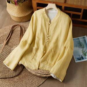 Buddha Stones PLUS SIZE V Neck Casual Solid Color Long Sleeve Shirt Cotton Linen Women's Shirts