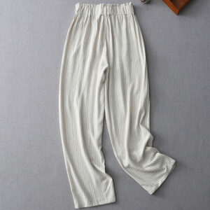 Buddha Stones Vertical Striped Cotton Linen High Waist Wide Leg Pants With Pockets Women's Wide Leg Pants BS Snow US8-10，UK/AU12-14，EU40-42 (2XL)