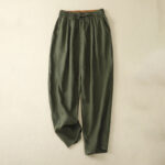 Buddha Stones Vintage High Waist Lace-up Cotton Linen Harem Pants With Pockets Women's Harem Pants BS Olive US8-10，UK/AU12-14，EU40-42 (2XL)