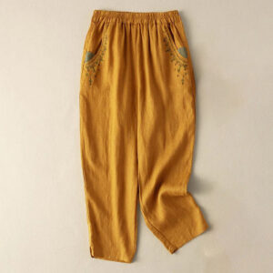 Buddha Stones Vintage Embroidery Elastic Waist Capri Harem Pants With Pockets