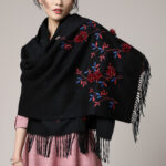 Buddha Stones Wool Shawl 3D Floral Embroidery Tassel Winter Cozy Travel Scarf Wrap Shawl BS Black 200*60cm