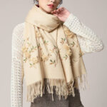 Buddha Stones Wool Shawl 3D Floral Embroidery Tassel Winter Cozy Travel Scarf Wrap Shawl BS Bisque 200*60cm