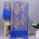 Buddha Stones Rayon Fabric Shawl Golden Cashew Flowers Embroidery Tassel Winter Cozy Travel Scarf Wrap Shawl BS RoyalBlue 200*70cm