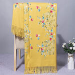Buddha Stones Rayon Fabric Shawl Colorful Small Flowers Embroidery Tassel Winter Cozy Travel Scarf Wrap Shawl BS Gold 200*70cm