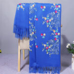 Buddha Stones Rayon Fabric Shawl Colorful Small Flowers Embroidery Tassel Winter Cozy Travel Scarf Wrap Shawl BS RoyalBlue 200*70cm