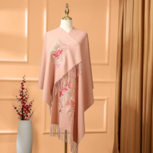 Buddha Stones Wool Shawl Red Flower Leaves Embroidery Tassel Winter Cozy Travel Scarf Wrap Shawl BS Pink 200*60cm