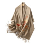 Buddha Stones Wool Shawl Red Flower Leaves Embroidery Tassel Winter Cozy Travel Scarf Wrap Shawl BS 10
