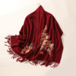 Buddha Stones Wool Shawl Red Flower Leaves Embroidery Tassel Winter Cozy Travel Scarf Wrap Shawl BS FireBrick 200*60cm