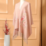 Buddha Stones Wool Shawl Red Flower Leaves Embroidery Tassel Winter Cozy Travel Scarf Wrap Shawl BS 1