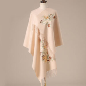 Buddha Stones Wool Shawl Red Flower Silver Leaves Embroidery Tassel Winter Cozy Travel Scarf Wrap Shawl BS PeachPuff 200*60cm