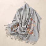 Buddha Stones Wool Shawl Red Flower Silver Leaves Embroidery Tassel Winter Cozy Travel Scarf Wrap Shawl BS LightGrey 200*60cm