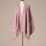 Buddha Stones Wool Shawl Red Flower Silver Leaves Embroidery Tassel Winter Cozy Travel Scarf Wrap Shawl BS 7