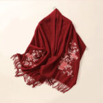 Buddha Stones Wool Shawl Red Flower Silver Leaves Embroidery Tassel Winter Cozy Travel Scarf Wrap Shawl BS FireBrick 200*60cm