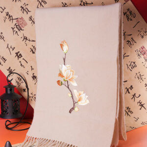 Buddha Stones Wool Shawl Yulan Magnolia Embroidery Tassel Winter Cozy Travel Scarf Wrap Shawl BS 180*37cm