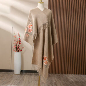 Buddha Stones Wool Shawl Red Peony Embroidery Tassel Winter Cozy Travel Scarf Wrap Shawl BS Tan 200*60cm
