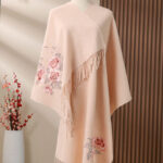 Buddha Stones Wool Shawl Red Peony Embroidery Tassel Winter Cozy Travel Scarf Wrap Shawl BS PeachPuff 200*60cm