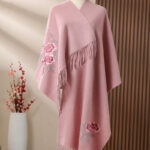 Buddha Stones Wool Shawl Red Peony Embroidery Tassel Winter Cozy Travel Scarf Wrap Shawl BS LightPink 200*60cm