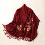 Buddha Stones Wool Shawl Red Peony Embroidery Tassel Winter Cozy Travel Scarf Wrap Shawl BS FireBrick 200*60cm