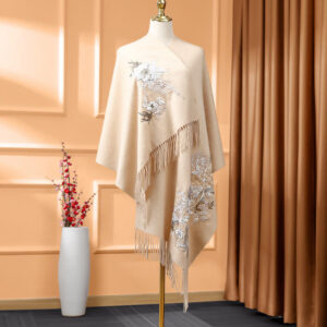 Buddha Stones Wool Shawl White Orange Flower Embroidery Tassel Winter Cozy Travel Scarf Wrap Shawl BS PeachPuff 200*60cm