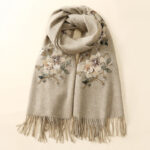 Buddha Stones Wool Shawl White Orange Flower Embroidery Tassel Winter Cozy Travel Scarf Wrap Shawl BS 10