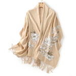 Buddha Stones Wool Shawl White Orange Flower Embroidery Tassel Winter Cozy Travel Scarf Wrap Shawl BS 1