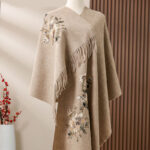 Buddha Stones Wool Shawl White Orange Flower Embroidery Tassel Winter Cozy Travel Scarf Wrap Shawl BS Tan 200*60cm
