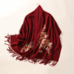 Buddha Stones Wool Shawl Red Pink Flower Embroidery Tassel Winter Cozy Travel Scarf Wrap Shawl BS FireBrick 200*60cm