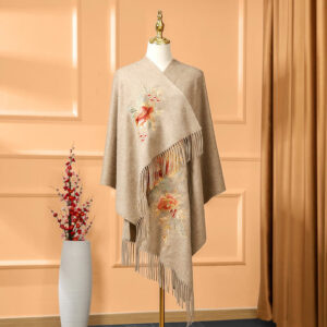 Buddha Stones Wool Shawl Red Pink Flower Embroidery Tassel Winter Cozy Travel Scarf Wrap Shawl BS Tan 200*60cm