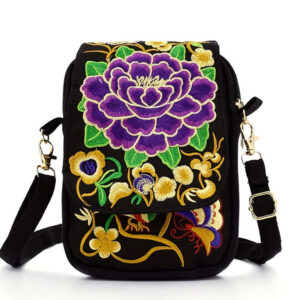 Buddha Stones Inula Flower Peony Embroidery Canvas Shopping Purse Handbag Crossbody Bag Crossbody Bag&Shoulder Bag BS Purple Peony