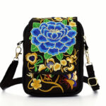 Buddha Stones Inula Flower Peony Embroidery Canvas Shopping Purse Handbag Crossbody Bag Crossbody Bag&Shoulder Bag BS Blue Peony