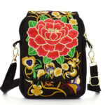 Buddha Stones Inula Flower Peony Embroidery Canvas Shopping Purse Handbag Crossbody Bag Crossbody Bag&Shoulder Bag BS Red Peony