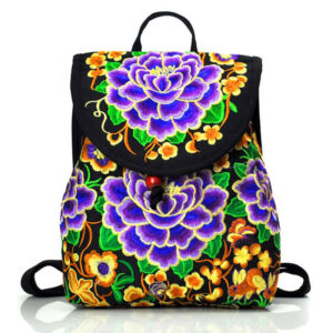 Buddha Stones Peony Chinese Money Tree Embroidery Canvas Backpack Backpack BS Purple Peony 21*11*25cm