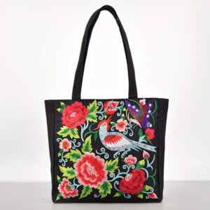 Buddha Stones Galsang Magpie Peony Camellia Chrysanthemum Embroidery Canvas Shopping Purse Handbag Shoulder Bag Shoulder Bag&Handbags BS Red Magpie Peony