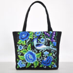 Buddha Stones Galsang Magpie Peony Camellia Chrysanthemum Embroidery Canvas Shopping Purse Handbag Shoulder Bag Shoulder Bag&Handbags BS Blue Magpie Peony