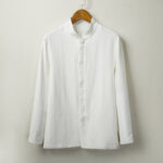 Buddha Stones Fall Solid Long Sleeve Button Shirt Cotton Linen Men Clothing Men's Shirts BS White US/UK/AU44，EU54 (4XL)